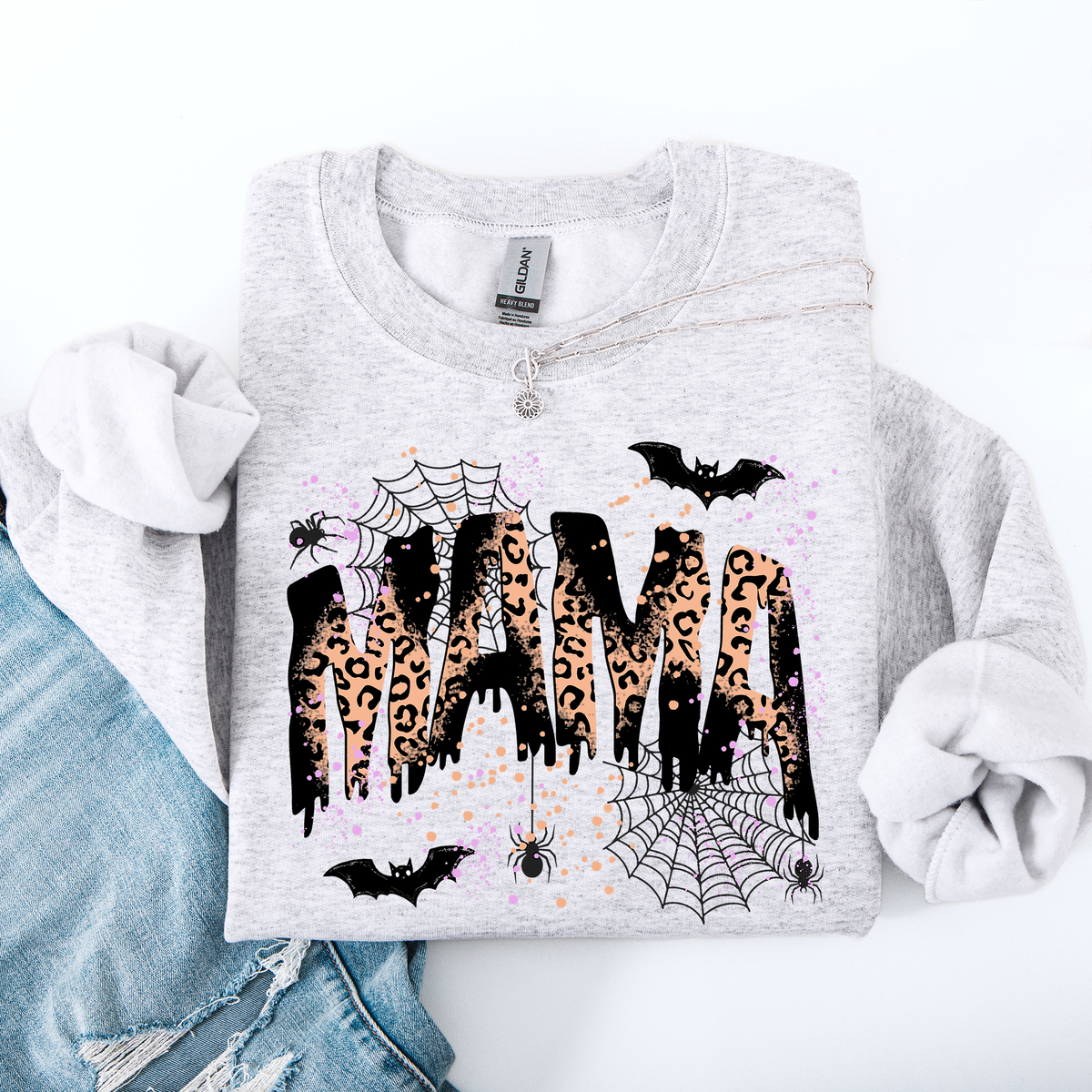 Three Little Tots Halloween Mama Mom Mama Leopard Halloween Spooky Season Boo Halloween Sweatshirt, in Light Gray Ash