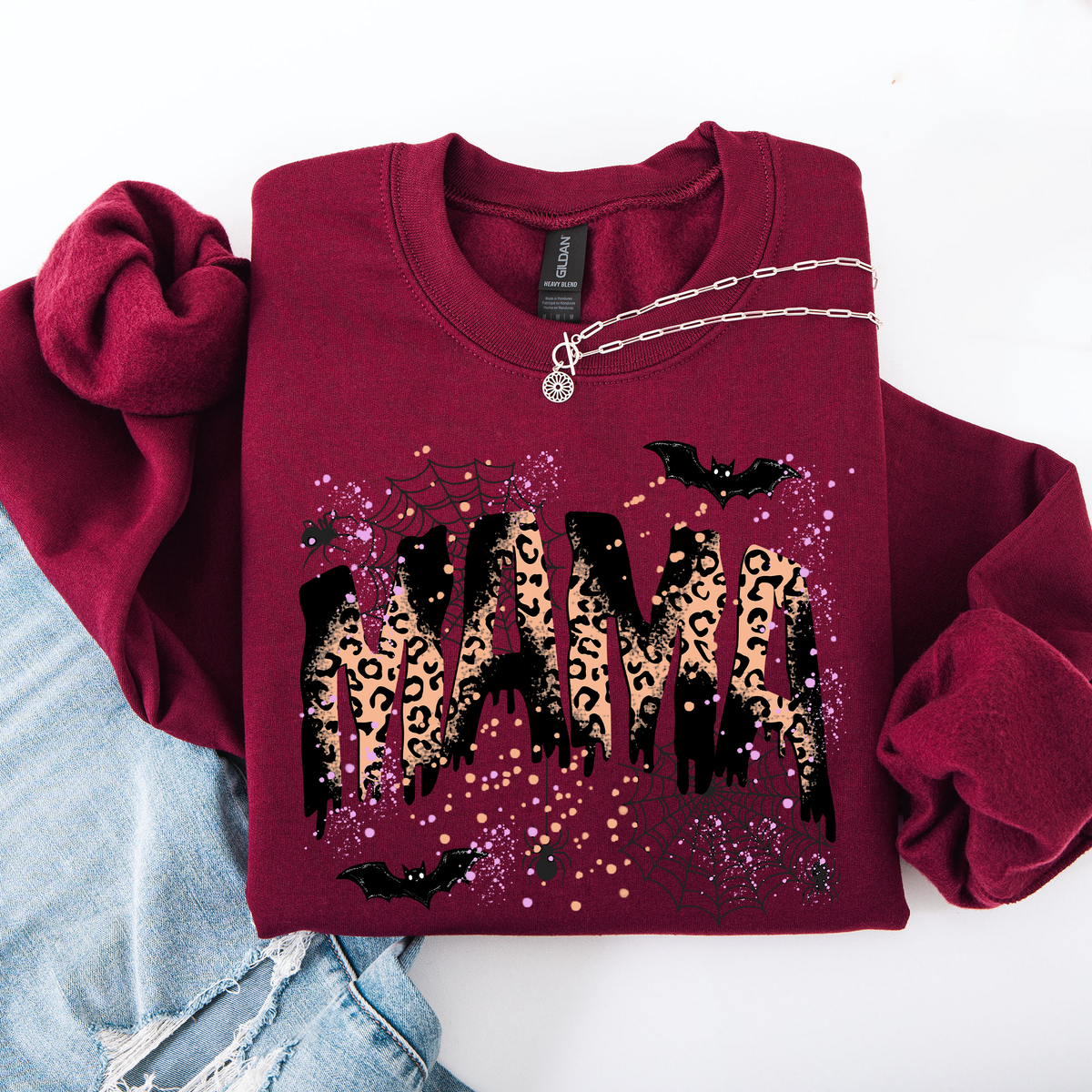 Three Little Tots Halloween Mama Mom Mama Leopard Halloween Spooky Season Boo Halloween Sweatshirt, in Maroon