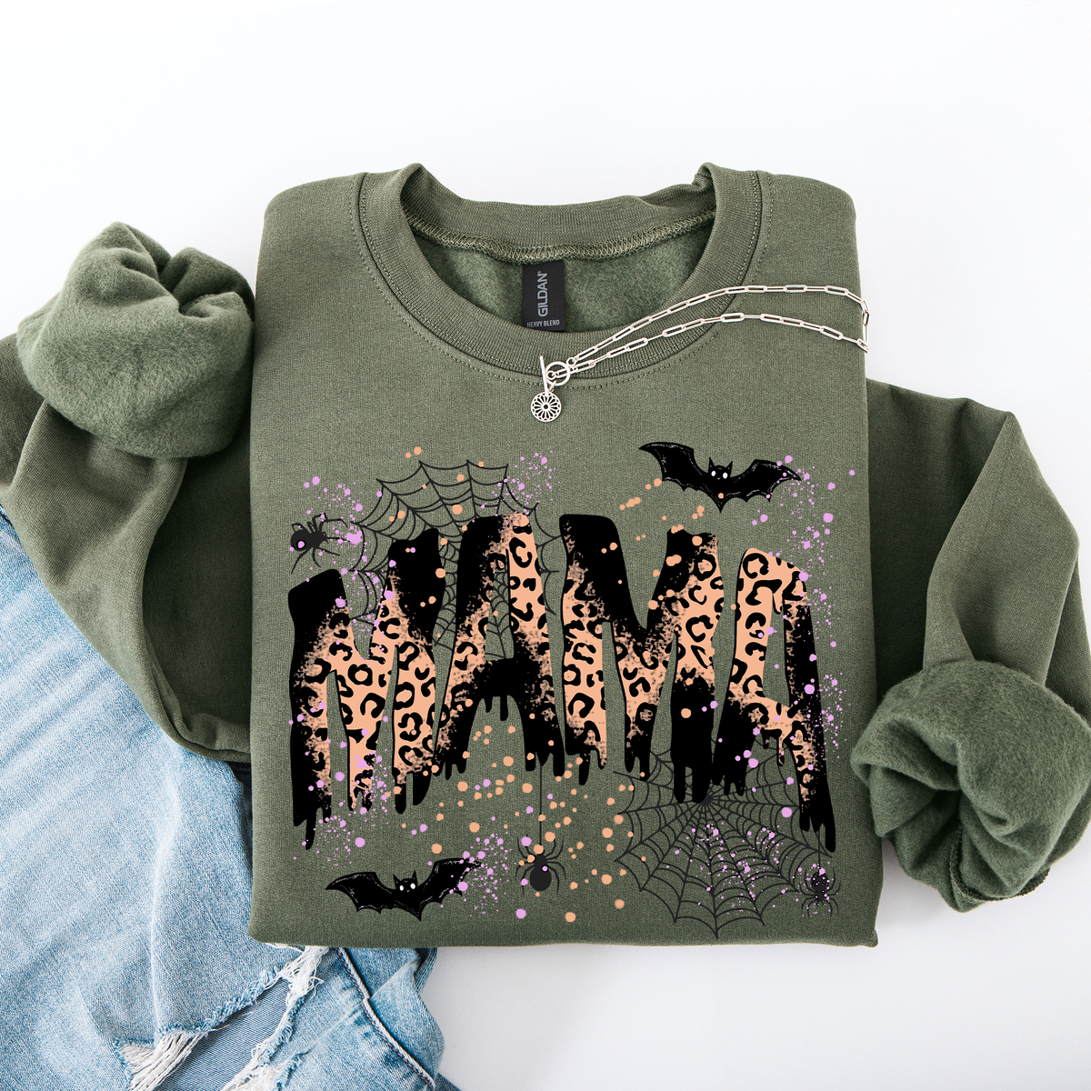 Three Little Tots Halloween Mama Mom Mama Leopard Halloween Spooky Season Boo Halloween Sweatshirt, in Military Green