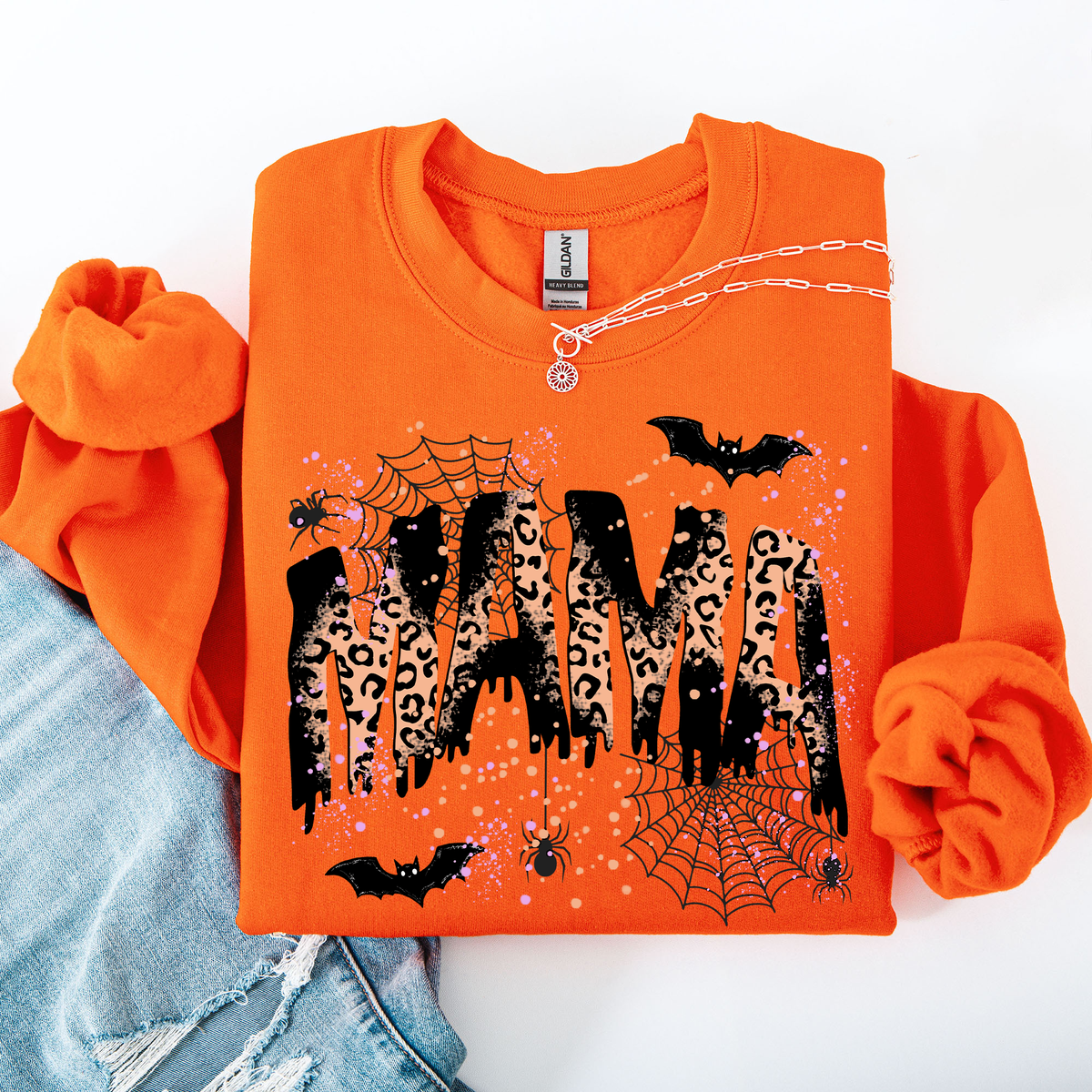 Three Little Tots Halloween Mama Mom Mama Leopard Halloween Spooky Season Boo Halloween Sweatshirt, in Orange