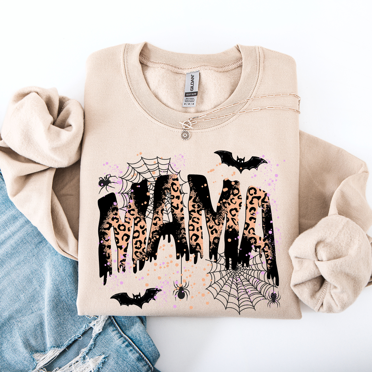 Three Little Tots Halloween Mama Mom Mama Leopard Halloween Spooky Season Boo Halloween Sweatshirt, in Sand