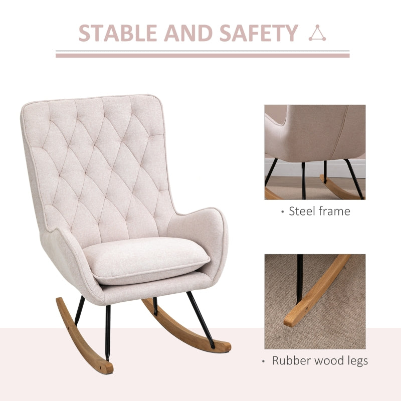 HOMCOM Mid-Century Fabric Nursery Rocker in Cream White