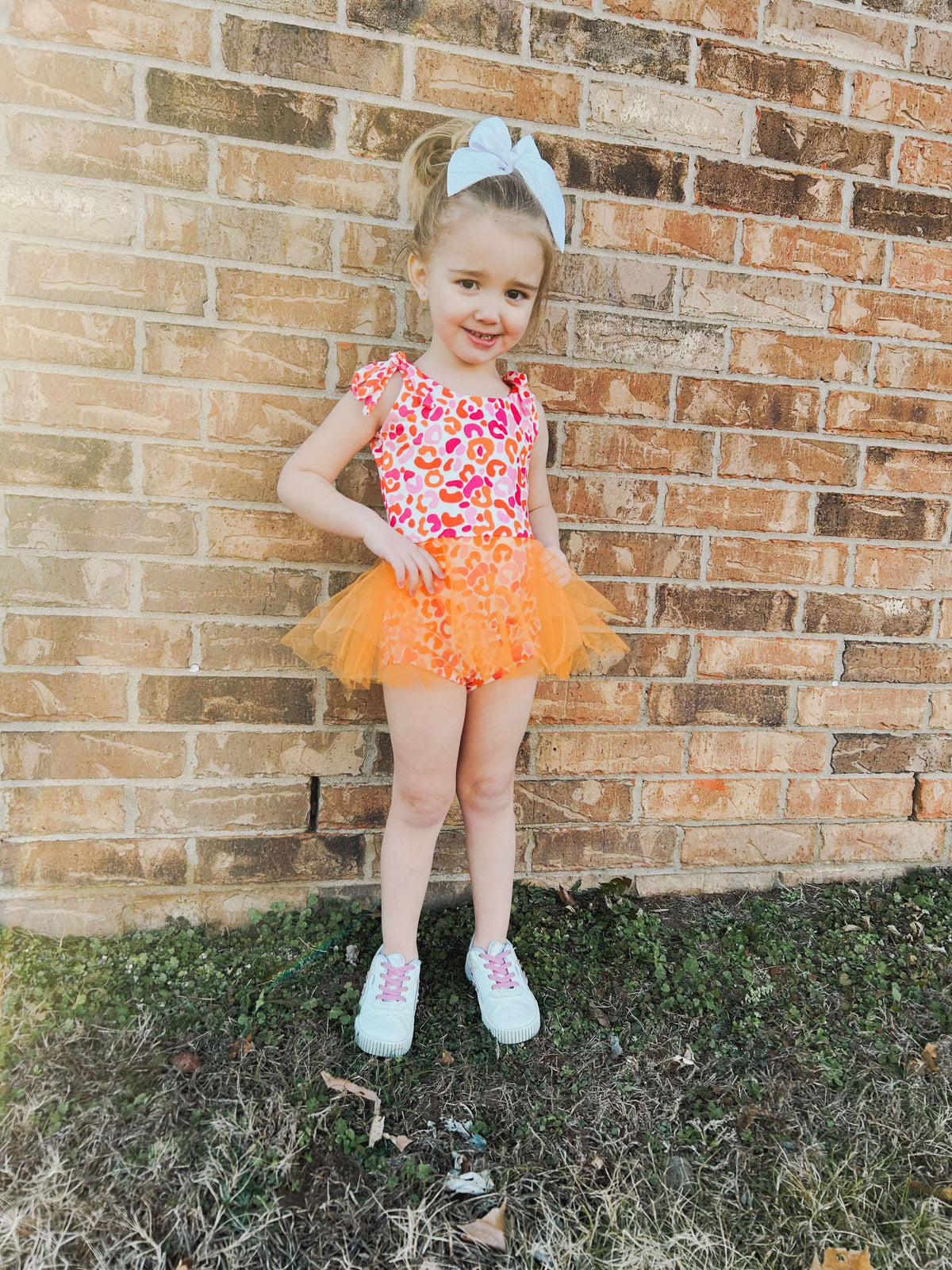 Orange and pink leopard mesh skirted romper