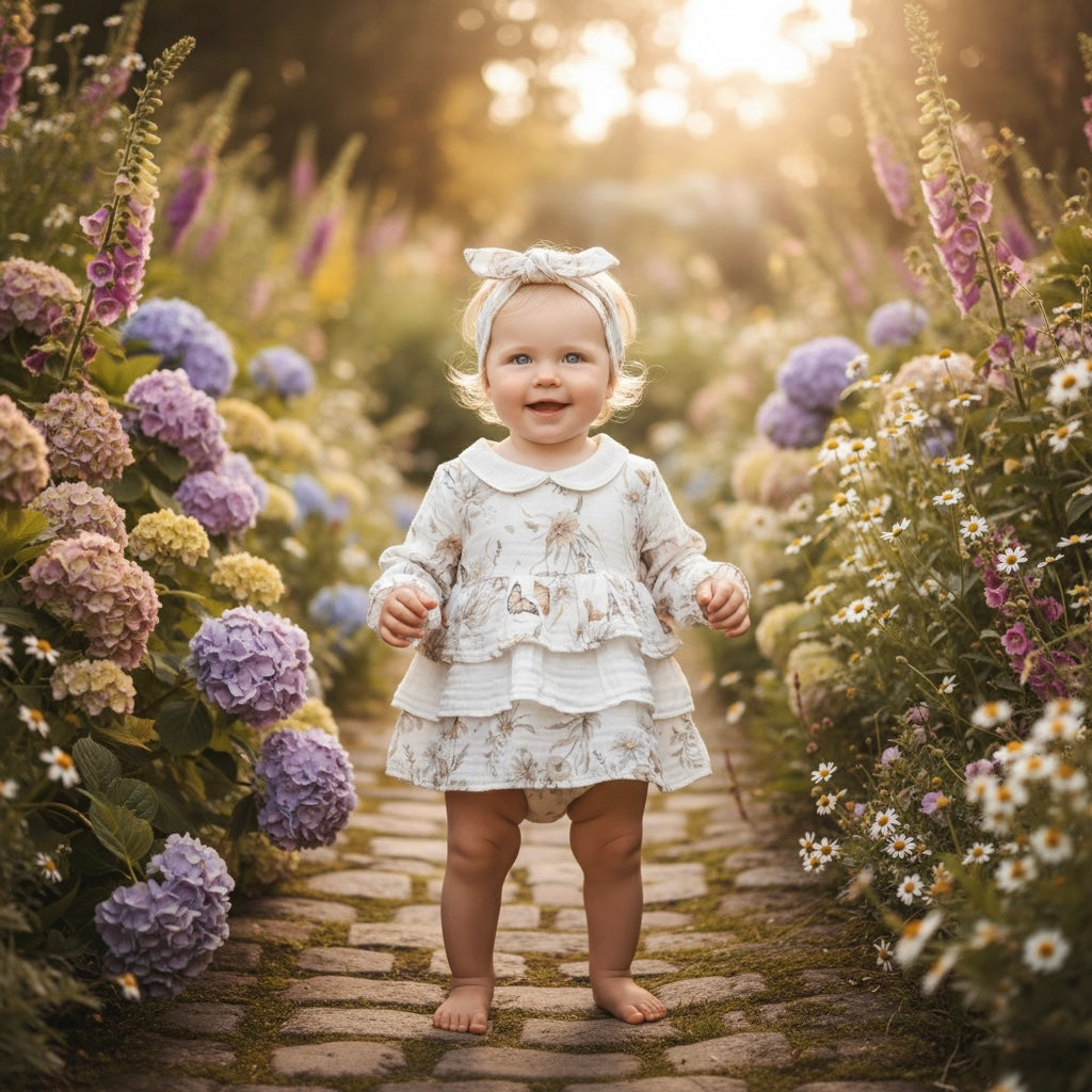 Child in a white dress standing on a path surrounded by flowers