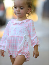 Fall Pink Plaid Ruffle Ballet Shoe Embroidery Long Sleeve Romper