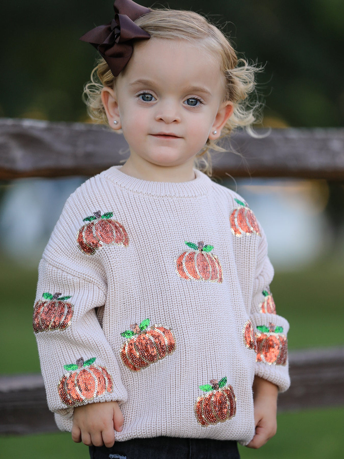 Three Little Tots Thanksgiving Pumpkin Sequin Sweater Beige Perfect for Fall