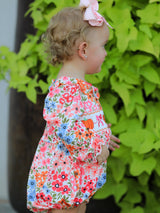 Three Little Tots Fall Halloween and Thanksgiving Pumpkin Bow Smock Embroidered Floral Baby Girl Romper, alternate angle