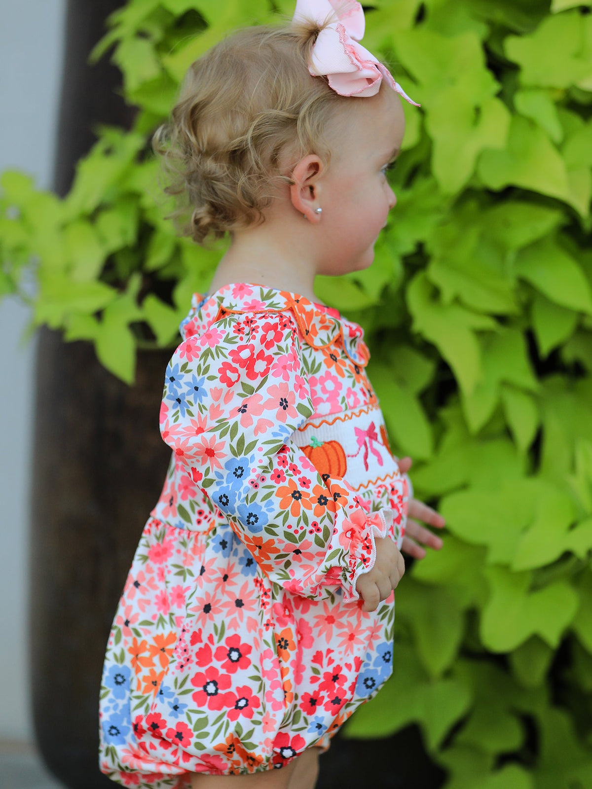 Three Little Tots Fall Halloween and Thanksgiving Pumpkin Bow Smock Embroidered Floral Baby Girl Romper, alternate angle