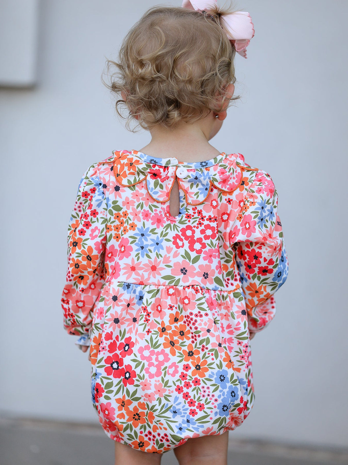 Three Little Tots Fall Halloween and Thanksgiving Pumpkin Bow Smock Embroidered Floral Baby Girl Romper, additional view