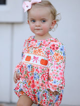Three Little Tots Fall Halloween and Thanksgiving Pumpkin Bow Smock Embroidered Floral Baby Girl Romper, extra product detail