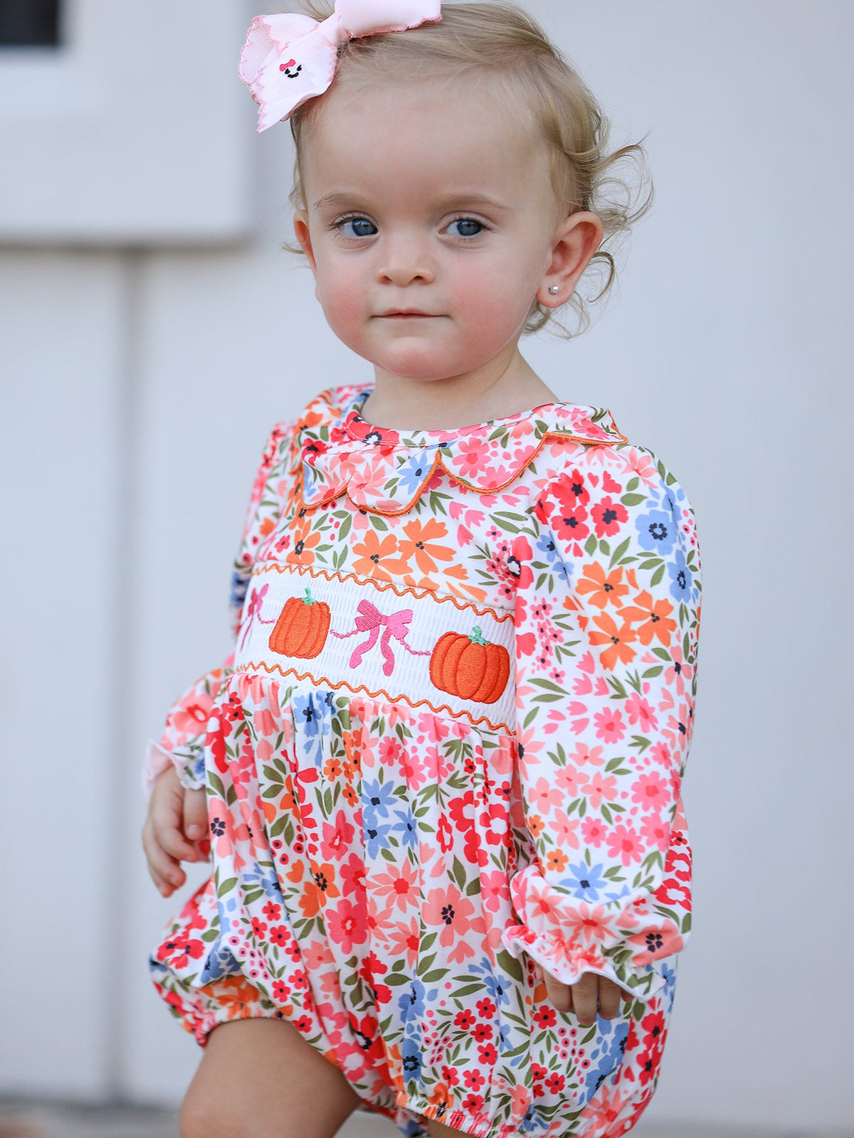 Three Little Tots Fall Halloween and Thanksgiving Pumpkin Bow Smock Embroidered Floral Baby Girl Romper, extra product detail