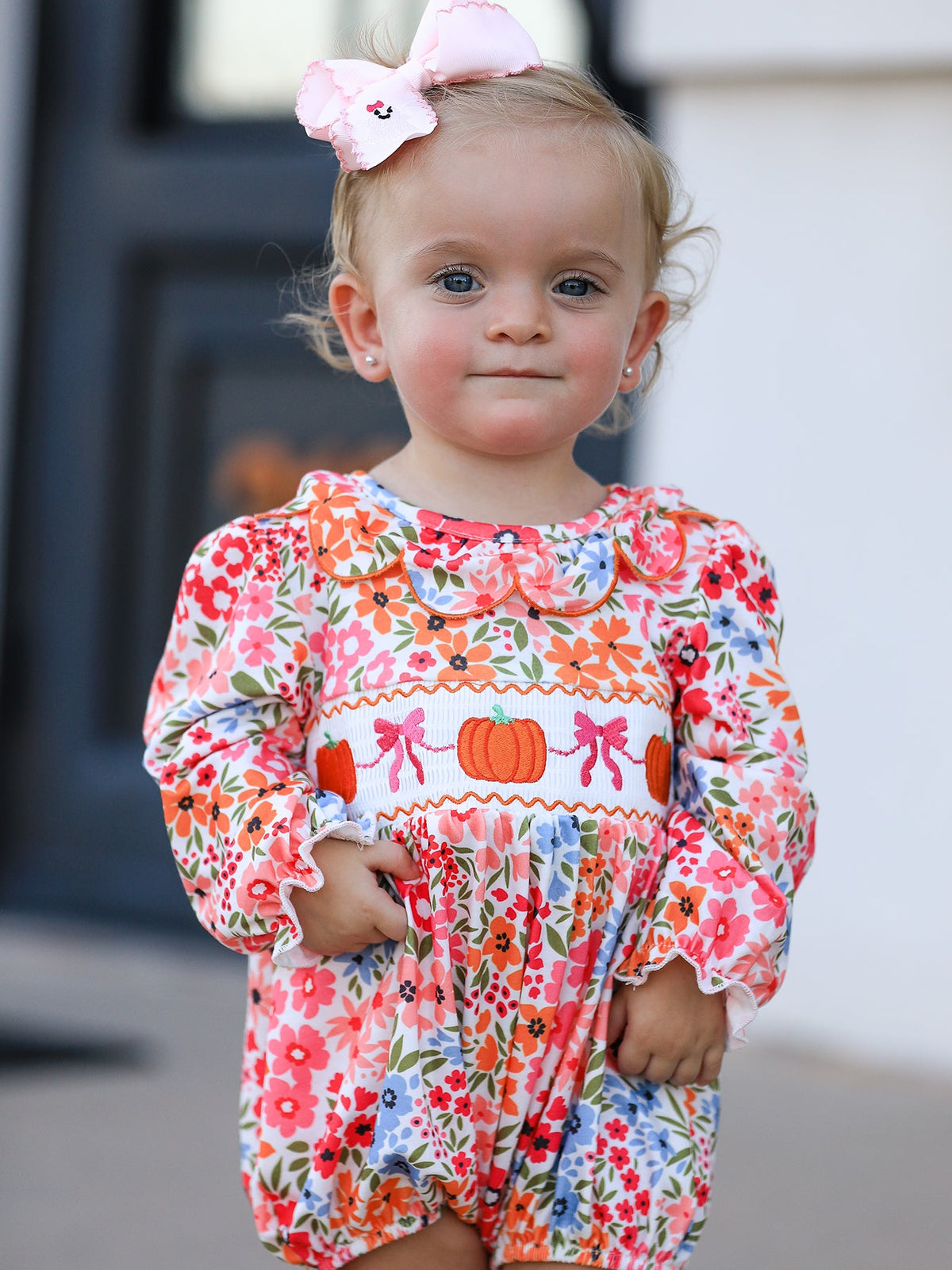 Three Little Tots Fall Halloween and Thanksgiving Pumpkin Bow Smock Embroidered Floral Baby Girl Romper