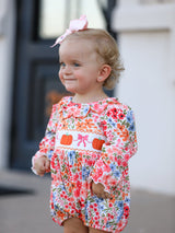 Three Little Tots Fall Halloween and Thanksgiving Pumpkin Bow Smock Embroidered Floral Baby Girl Rom, additional product phot