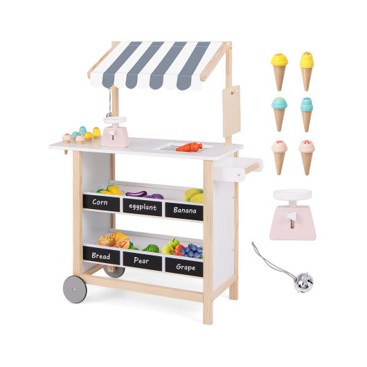 Three Little Tots Kids Wooden Ice Cream Cart with Chalkboard and Storage for over 3 Years Old-White