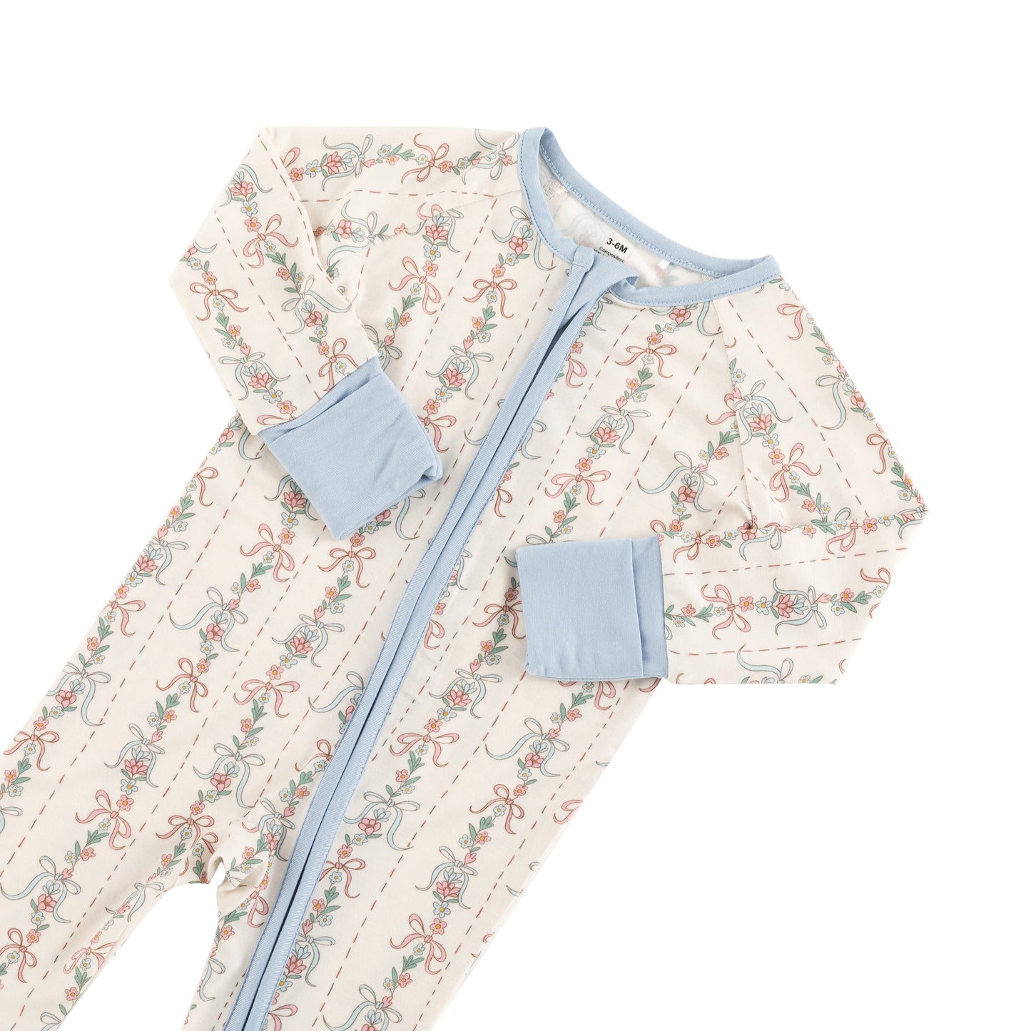 Baby onesie with floral pattern and blue accents on a white background