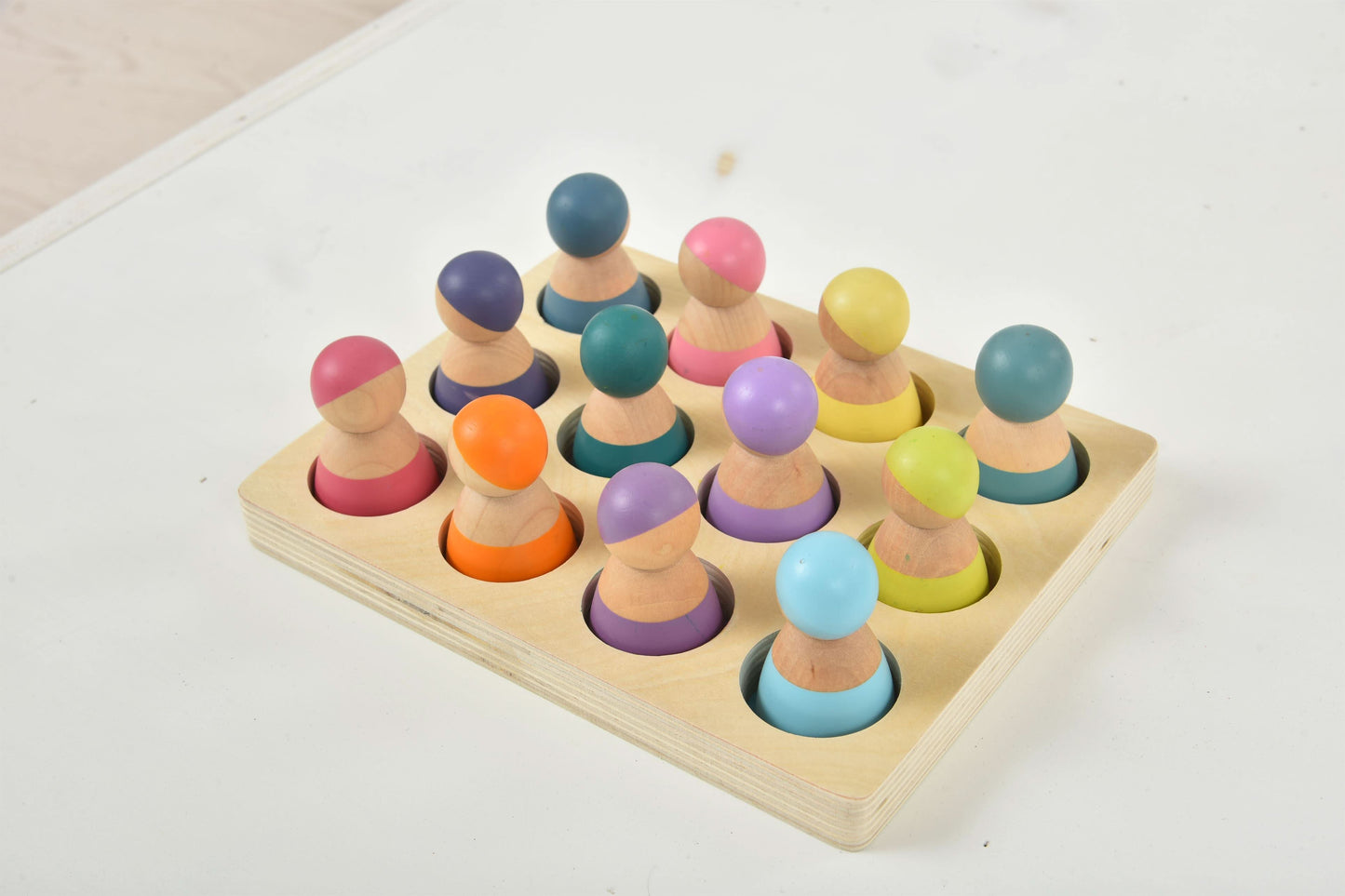 Three Little Tots Wooden Rainbow Peg Dolls Figures 12 Piece Set, another angle