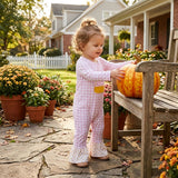 Pink plaid candy corn embroidery girls Halloween romper