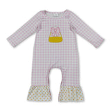 Pink plaid candy corn embroidery girls Halloween romper