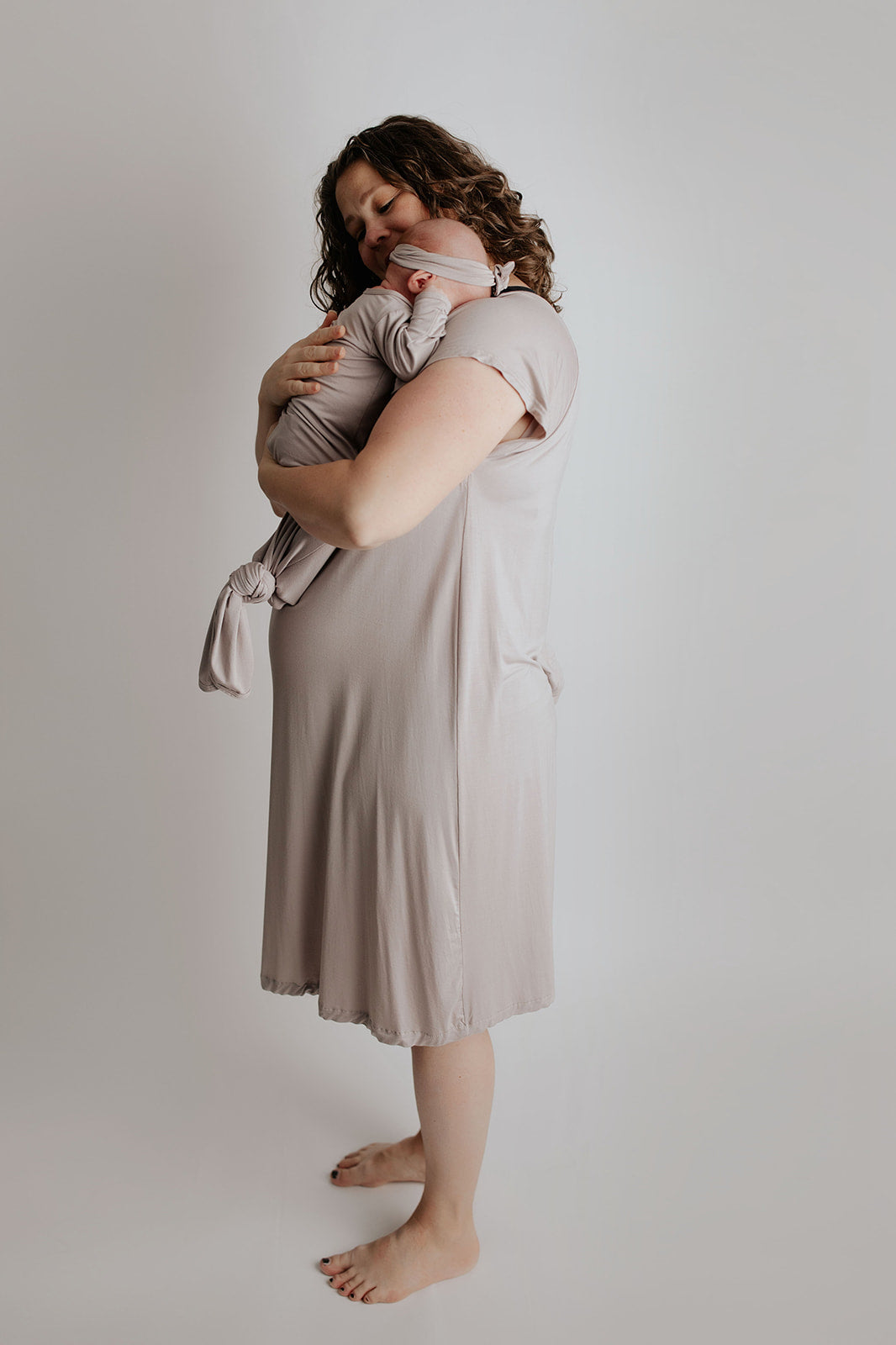 Soft, matching nursing and baby gowns that provide ease for new moms and comfort for newborns.