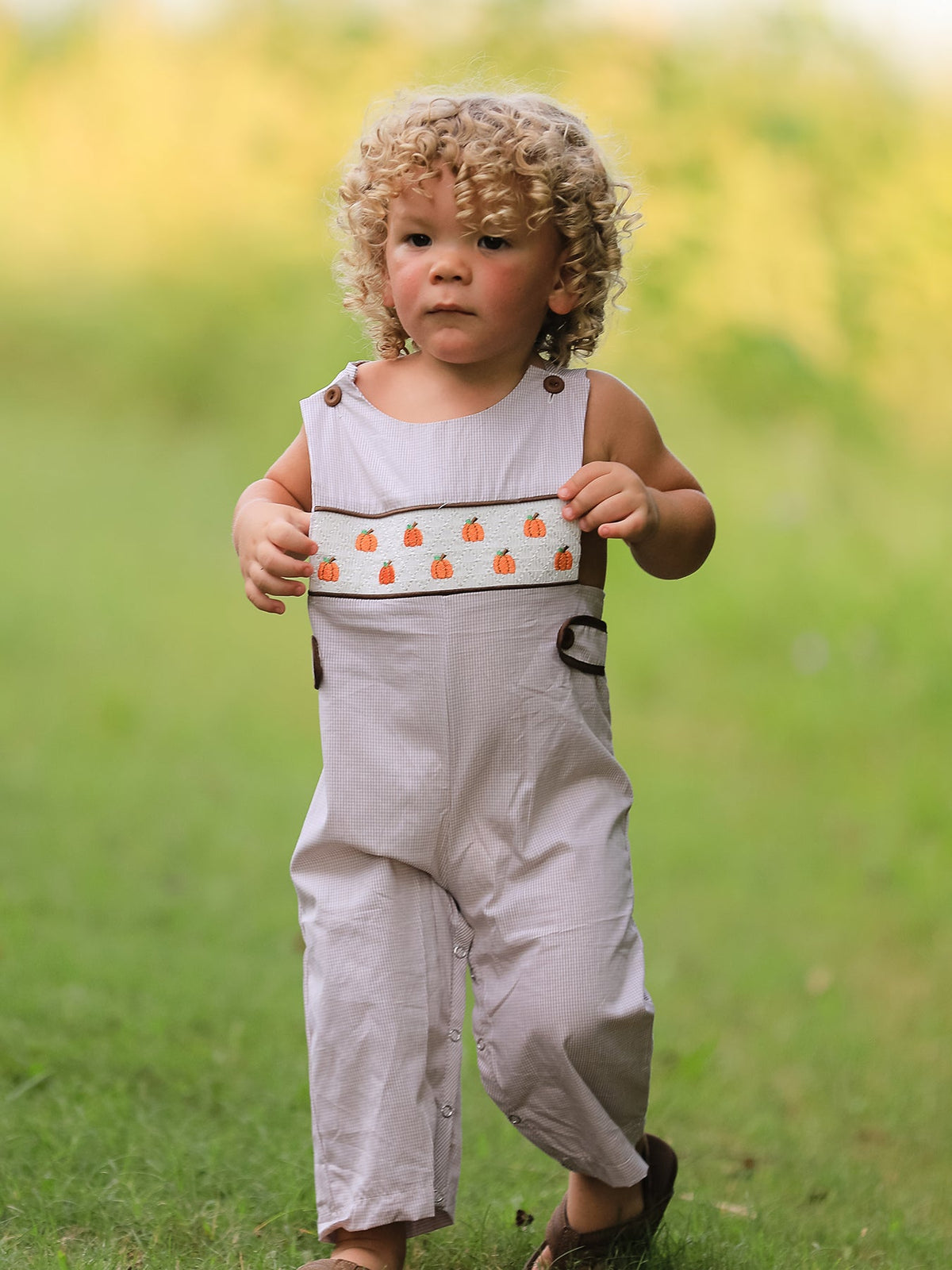 Three Little Tots Fall Halloween and Thanksgiving Pumpkin Smock Embroidered Boys Romper, second additional photo