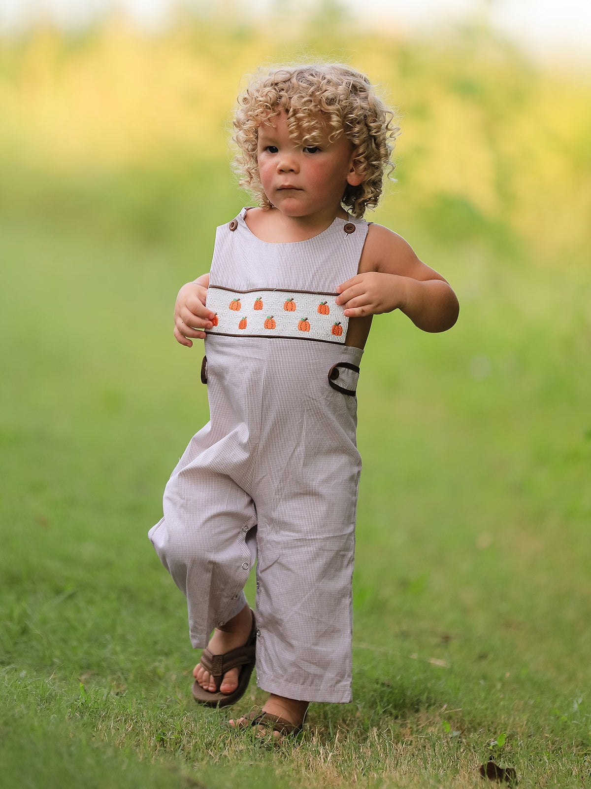 Three Little Tots Fall Halloween and Thanksgiving Pumpkin Smock Embroidered Boys Romper, another angle