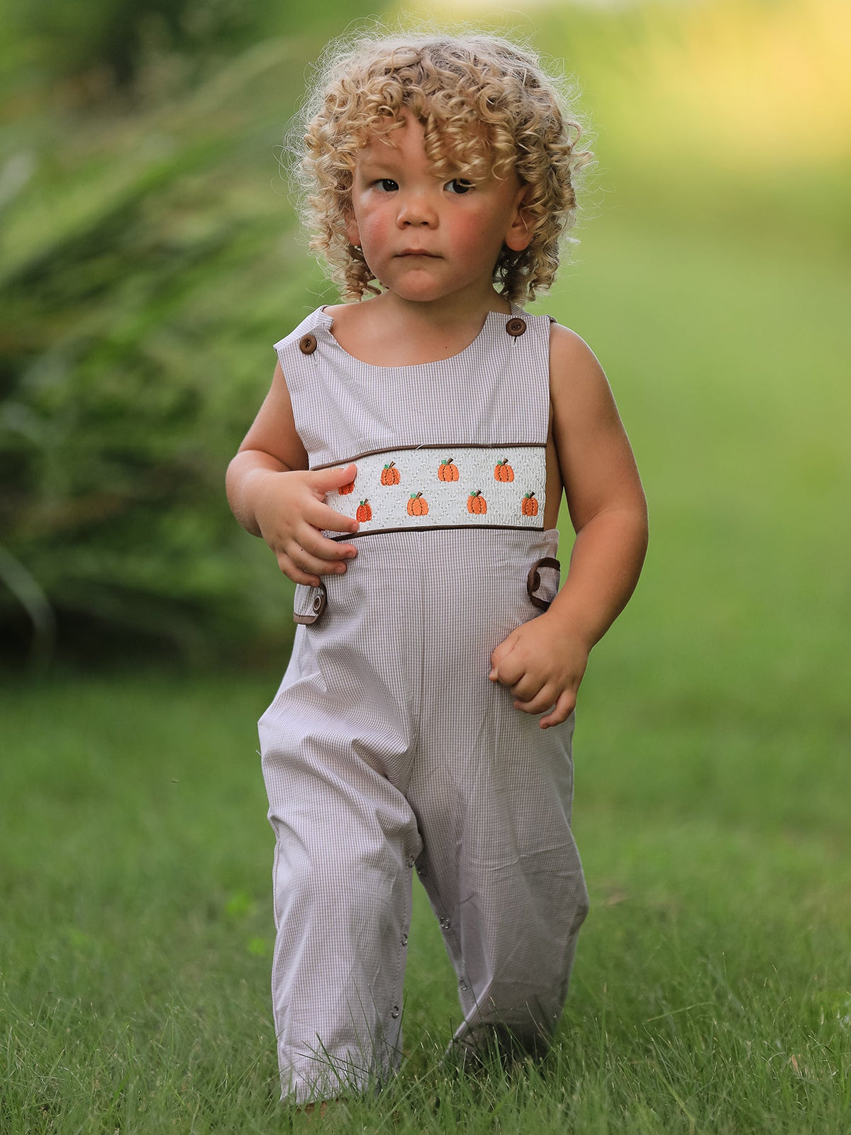 Three Little Tots Fall Halloween and Thanksgiving Pumpkin Smock Embroidered Boys Romper, supplementary photo