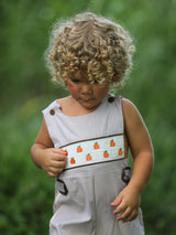 Three Little Tots Fall Halloween and Thanksgiving Pumpkin Smock Embroidered Boys Romper, fifth additional photo