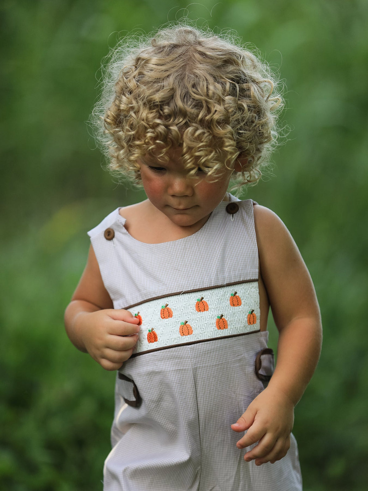 Three Little Tots Fall Halloween and Thanksgiving Pumpkin Smock Embroidered Boys Romper, fifth additional photo