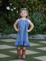 Three Little Tots Girls Denim Ruffle Trim A-Line Dress, additional product photo