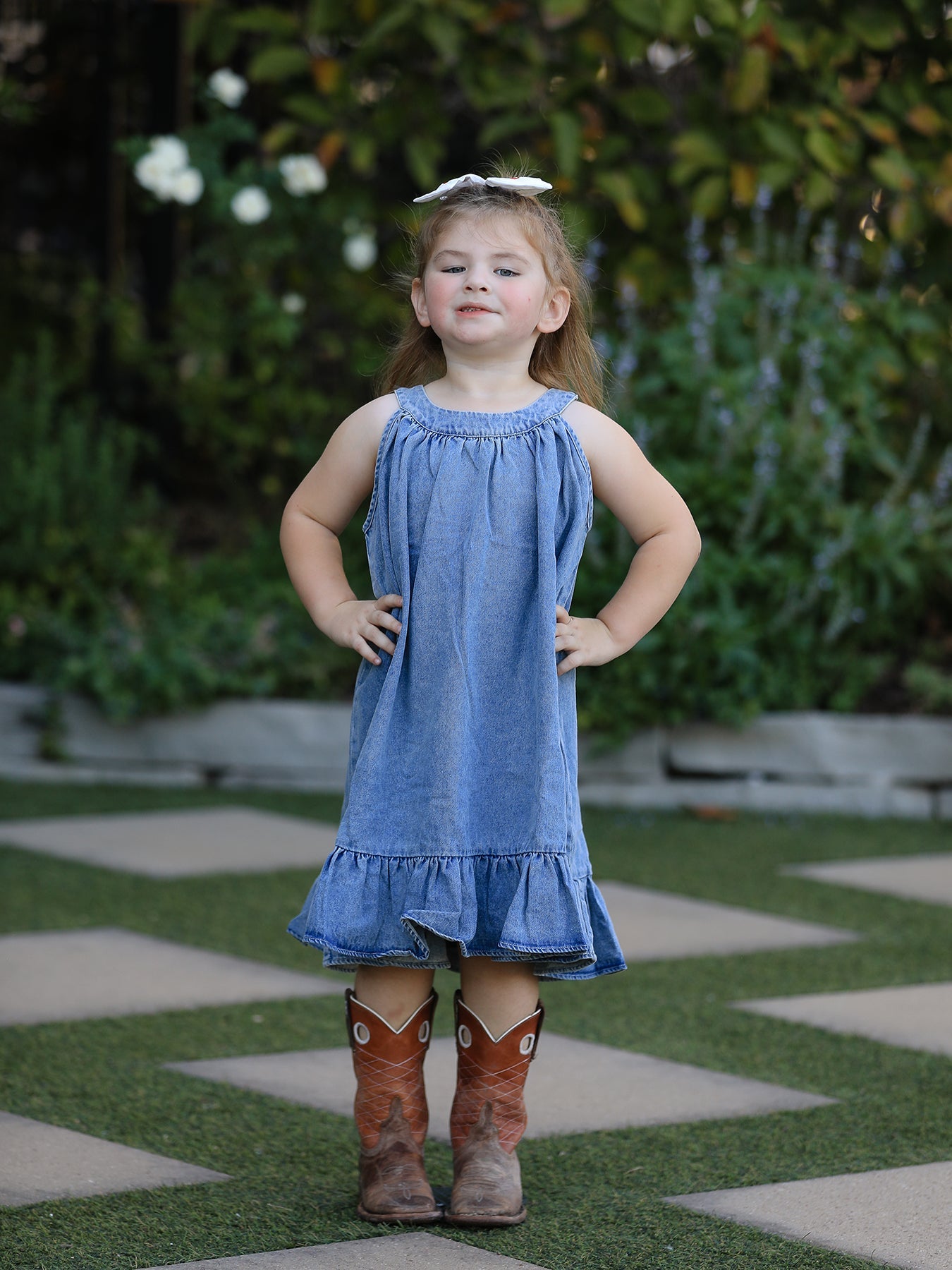 Three Little Tots Girls Denim Ruffle Trim A-Line Dress, additional product photo