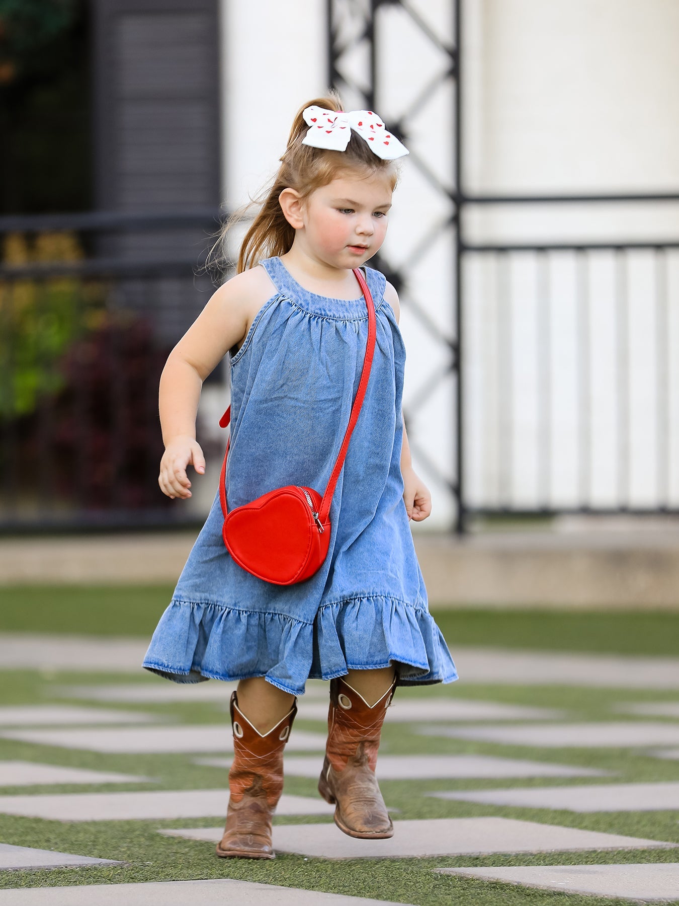 Three Little Tots Girls Denim Ruffle Trim A-Line Dress
