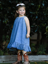 Three Little Tots Girls Denim Ruffle Trim A-Line Dress, another angle