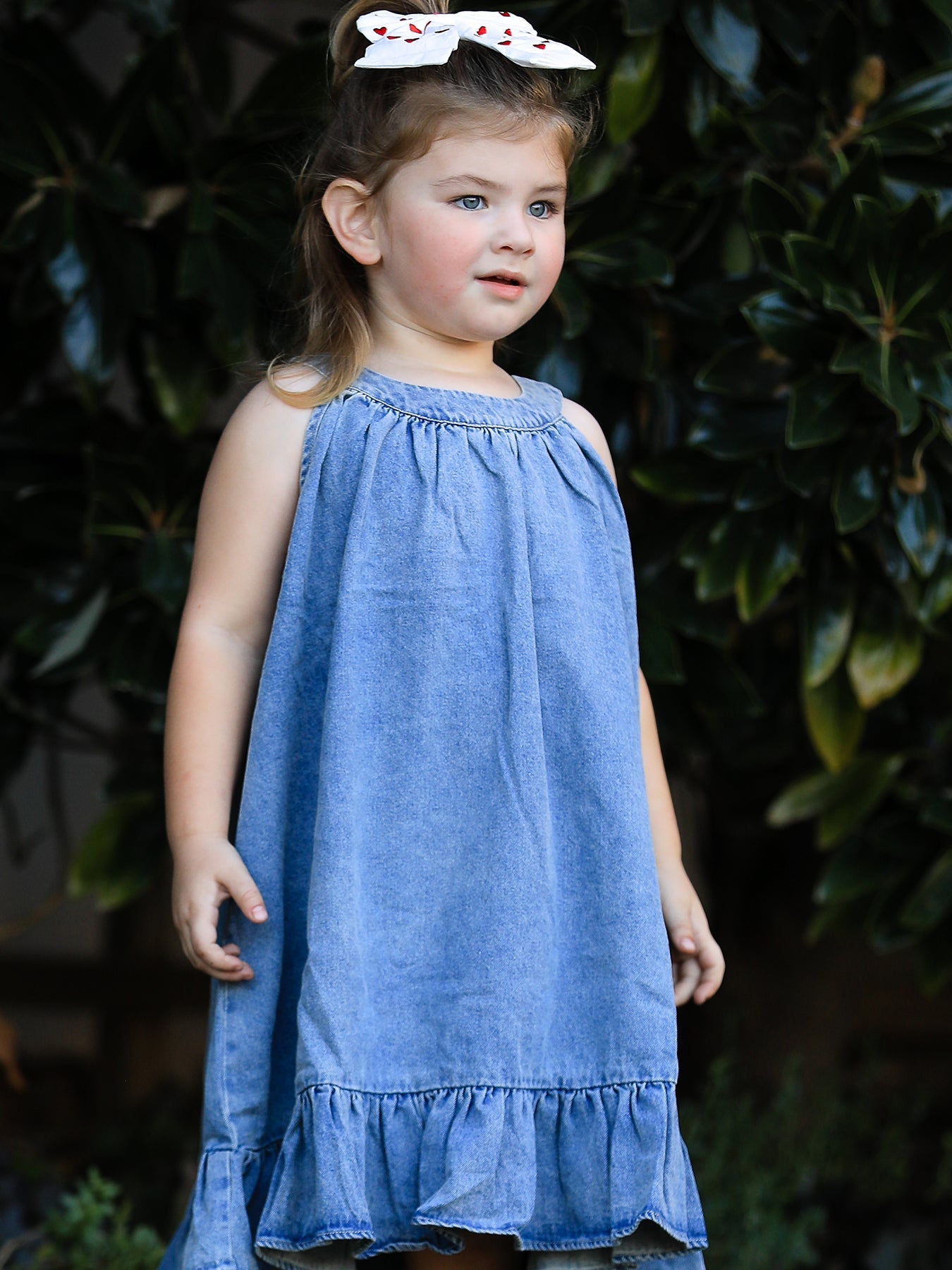 Three Little Tots Girls Denim Ruffle Trim A-Line Dress, second additional photo
