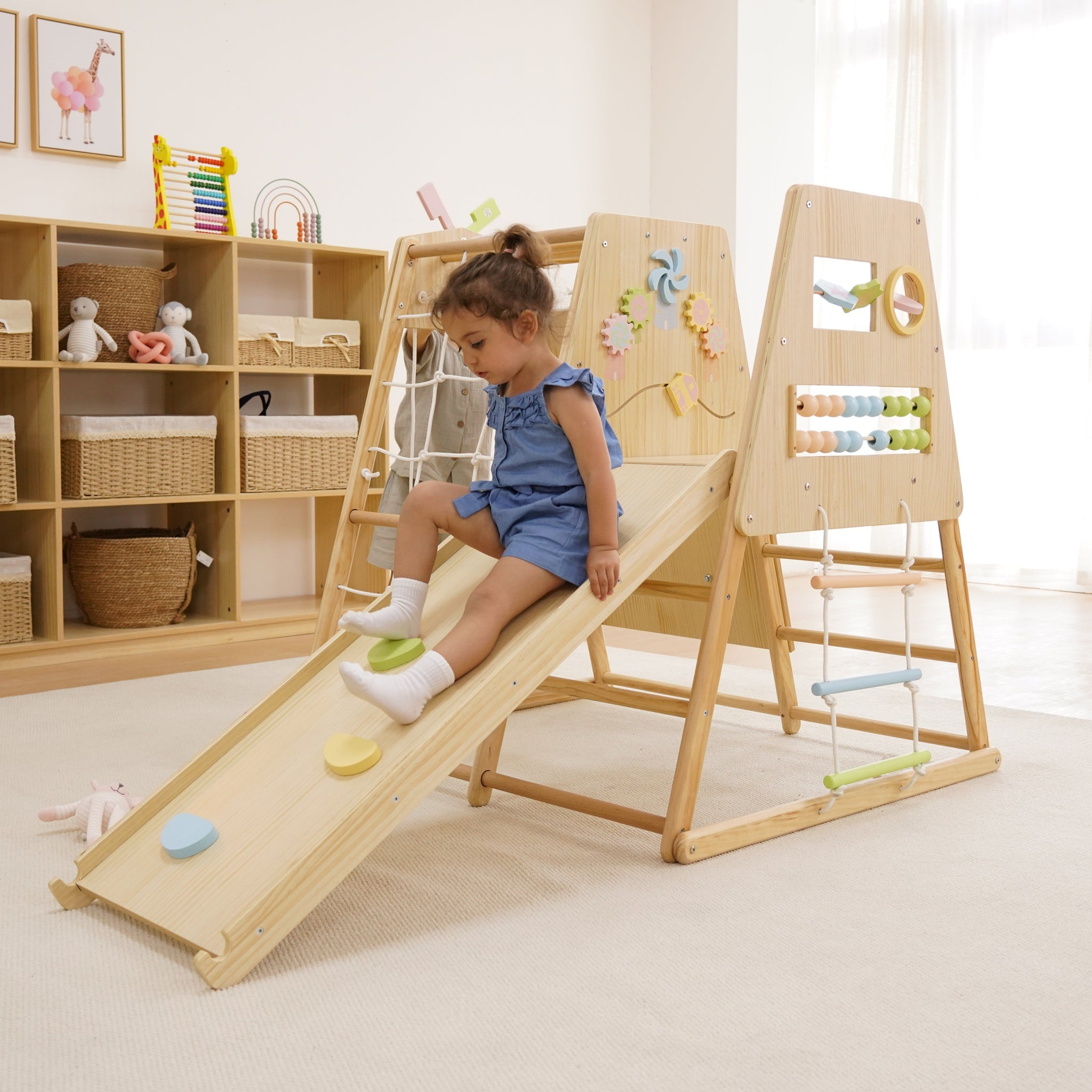 Three Little Tots Avenlur Cherry 5-in-1 Wooden Indoor Climber Montessori Play Gym for Toddlers and Kids