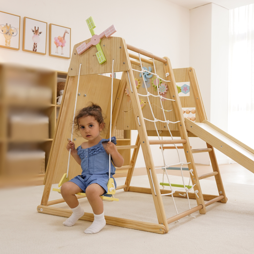 Three Little Tots Avenlur Cherry 5-in-1 Wooden Indoor Climber Montessori Play Gym for Toddlers and Kids, extra product detail