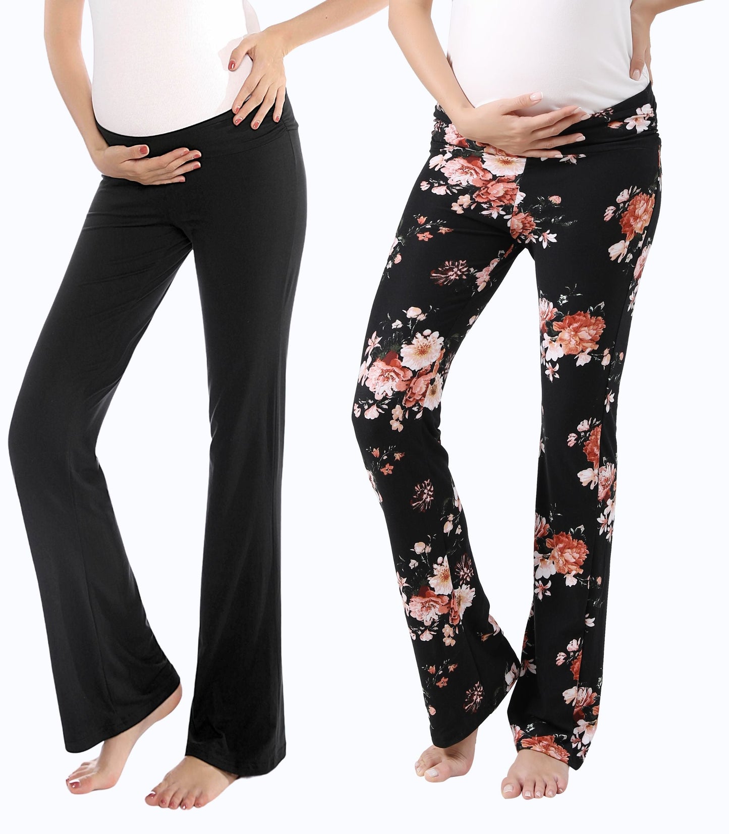 Three Little Tots Below Bump Maternity Postpartum Pajama Pants 2 Pack, in Black + Black Floral
