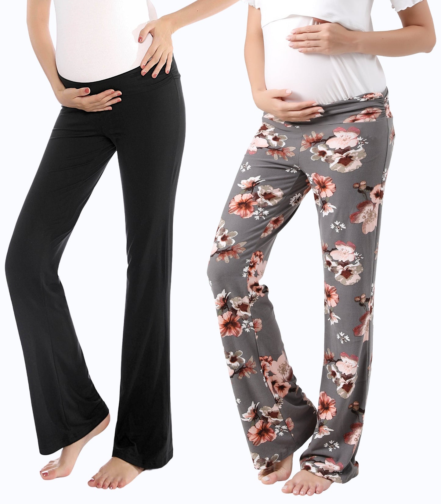 Three Little Tots Below Bump Maternity Postpartum Pajama Pants 2 Pack, in Black + Grey Floral
