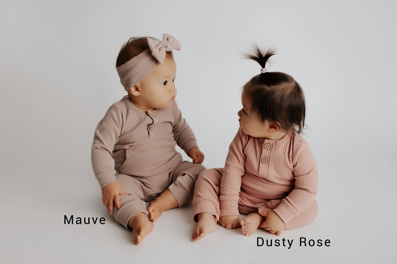 Three Little Tots Playsuits in Mauve and Dusty Rose