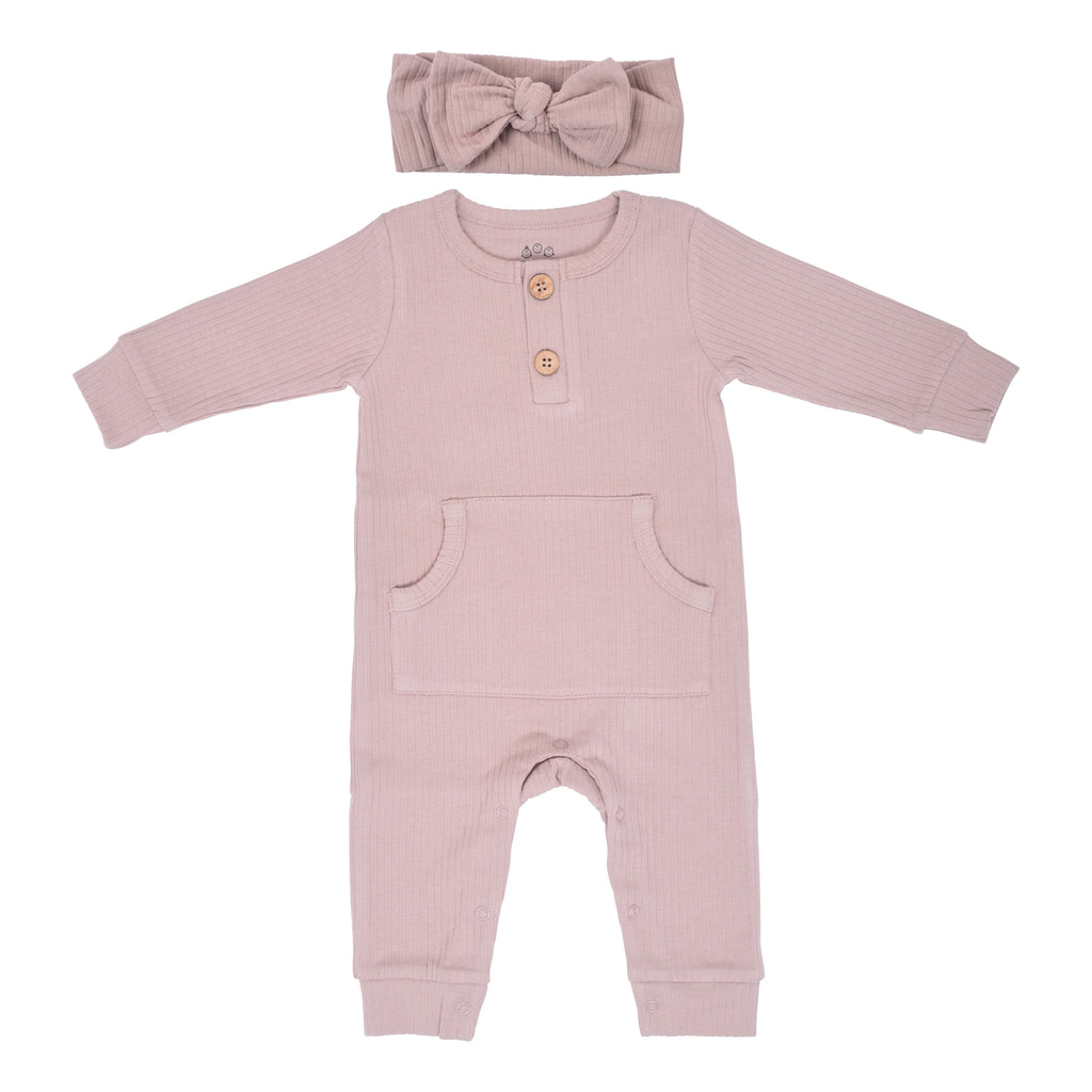 Mauve Baby Ribbed Playsuit with pockets