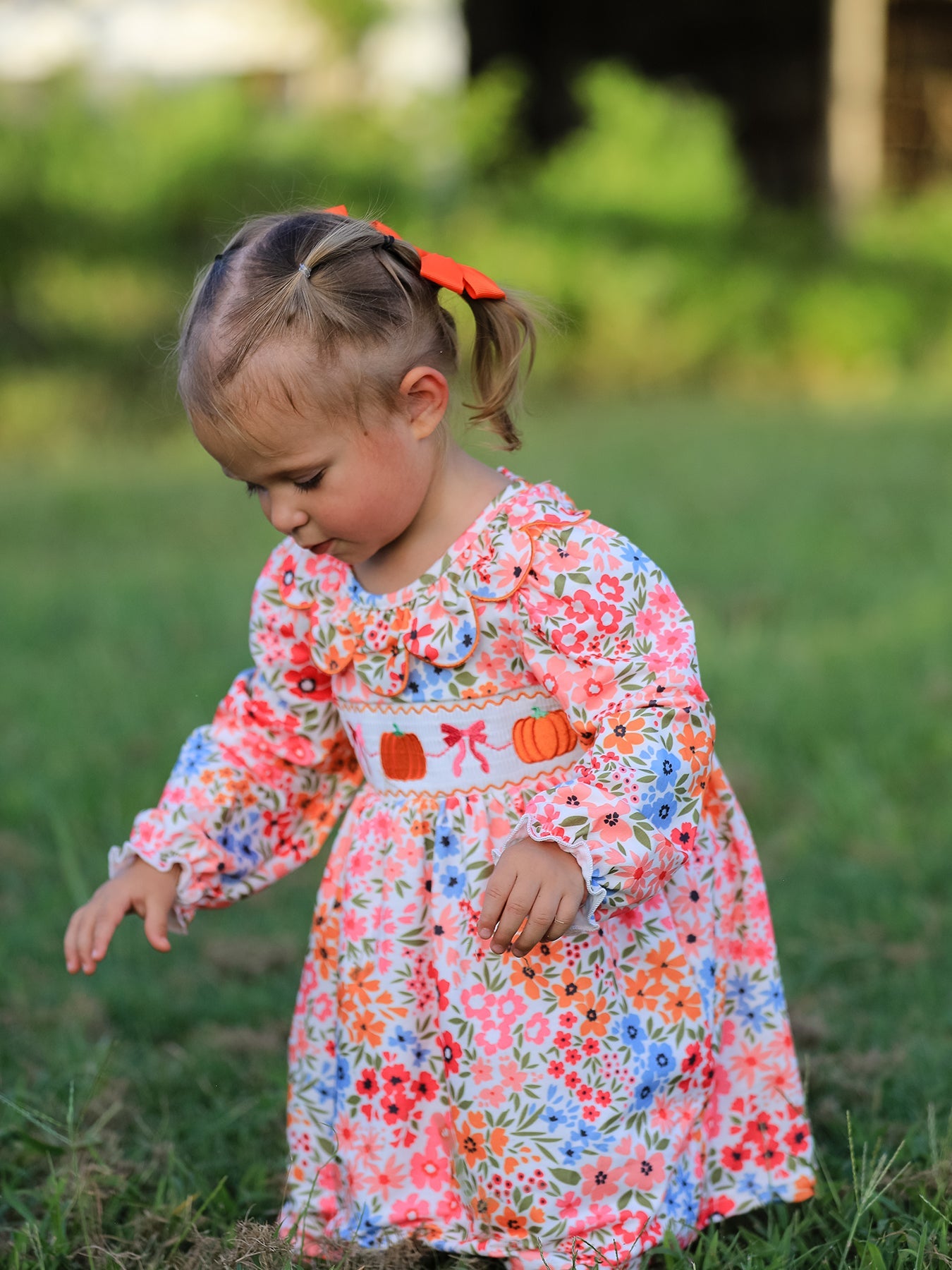 Three Little Tots Fall Halloween and Thanksgiving Pumpkin Bow Smock Embroidered Floral Dress
