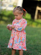 Three Little Tots Fall Halloween and Thanksgiving Pumpkin Bow Smock Embroidered Floral Dress, additional view