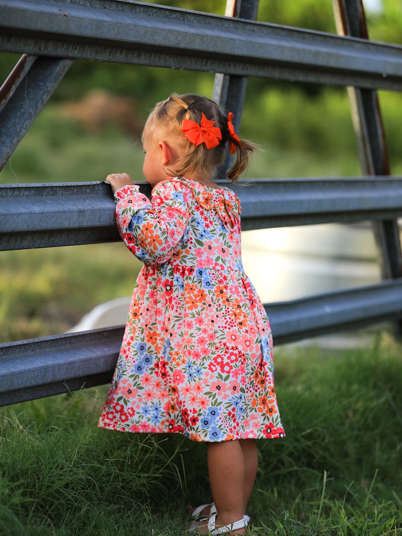 Three Little Tots Fall Halloween and Thanksgiving Pumpkin Bow Smock Embroidered Floral Dress, alternate angle