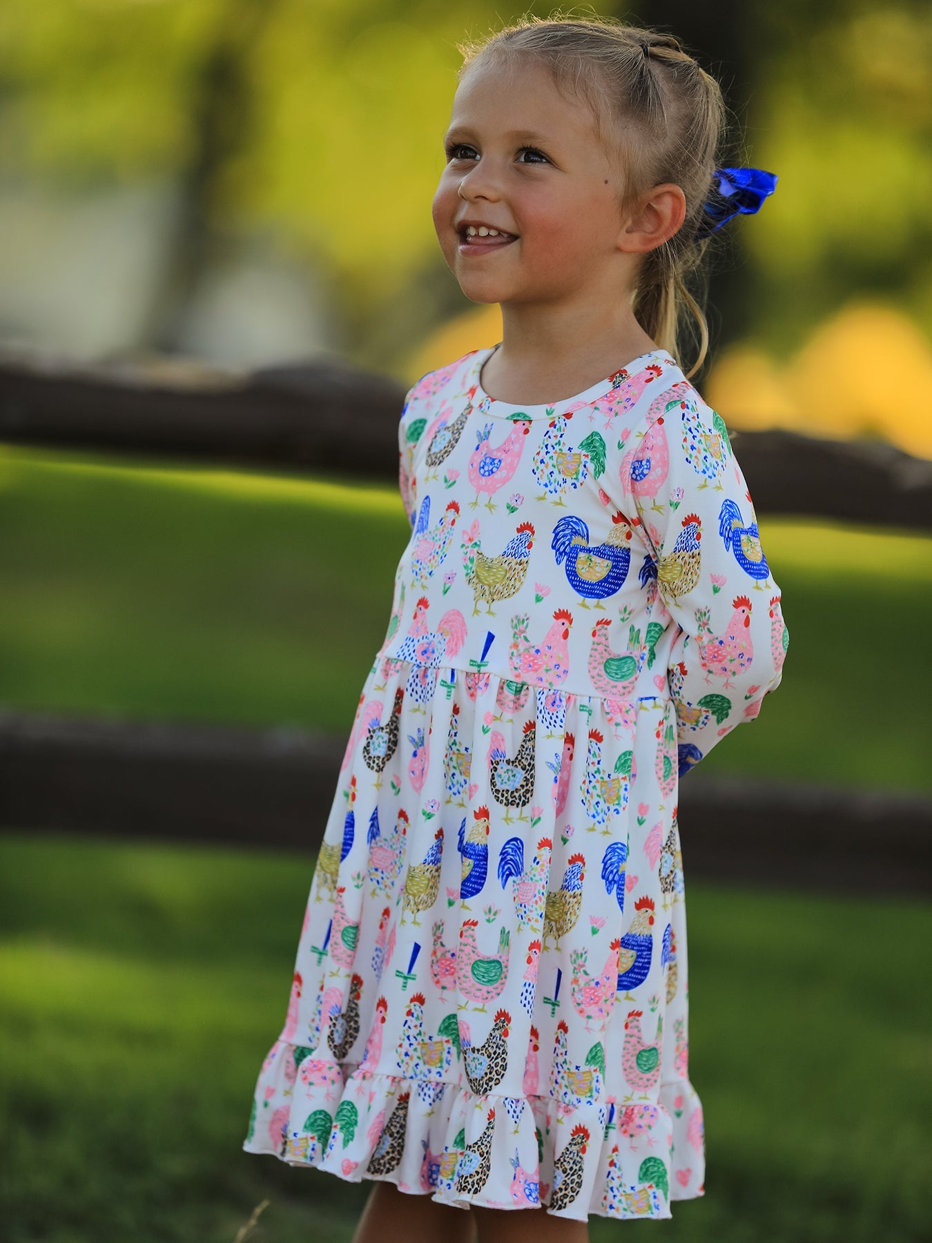 Fall Farm Chicken Print Girls Ruffle Hem Twirl Dress