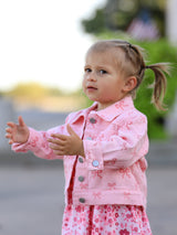 Three Little Tots Pink Fall Girls Butterfly Print Denim Top, additional product photo