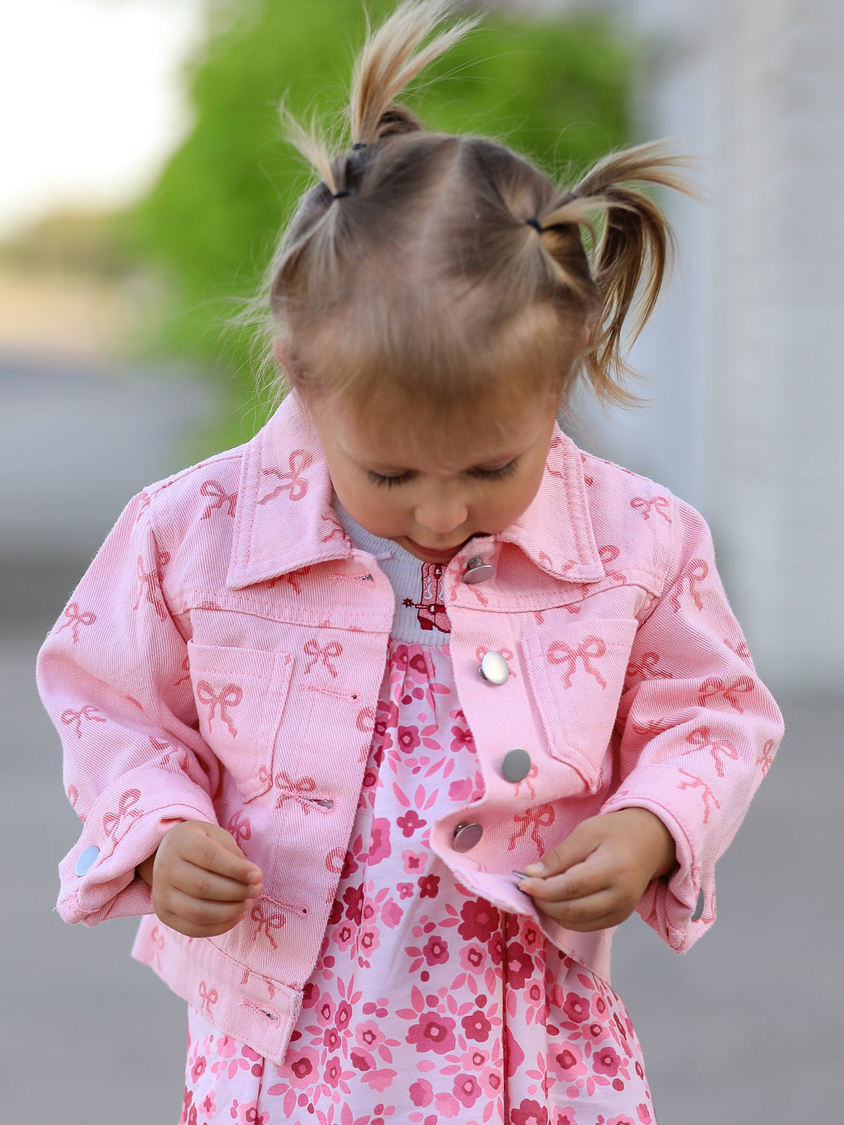 Three Little Tots Pink Fall Girls Butterfly Print Denim Top, additional view