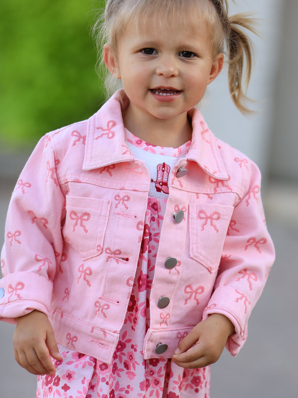 Three Little Tots Pink Fall Girls Butterfly Print Denim Top