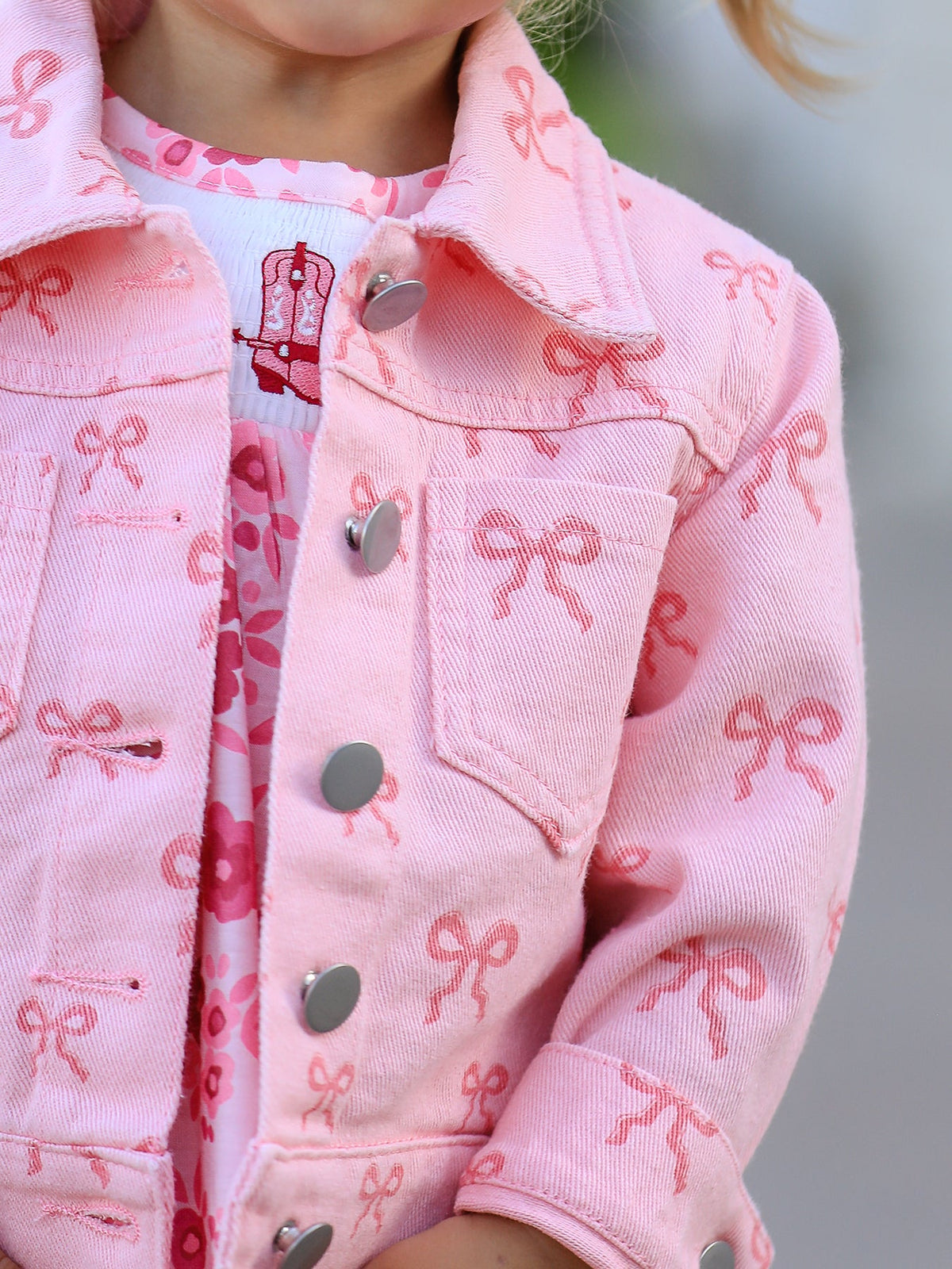 Three Little Tots Pink Fall Girls Butterfly Print Denim Top, extra product detail
