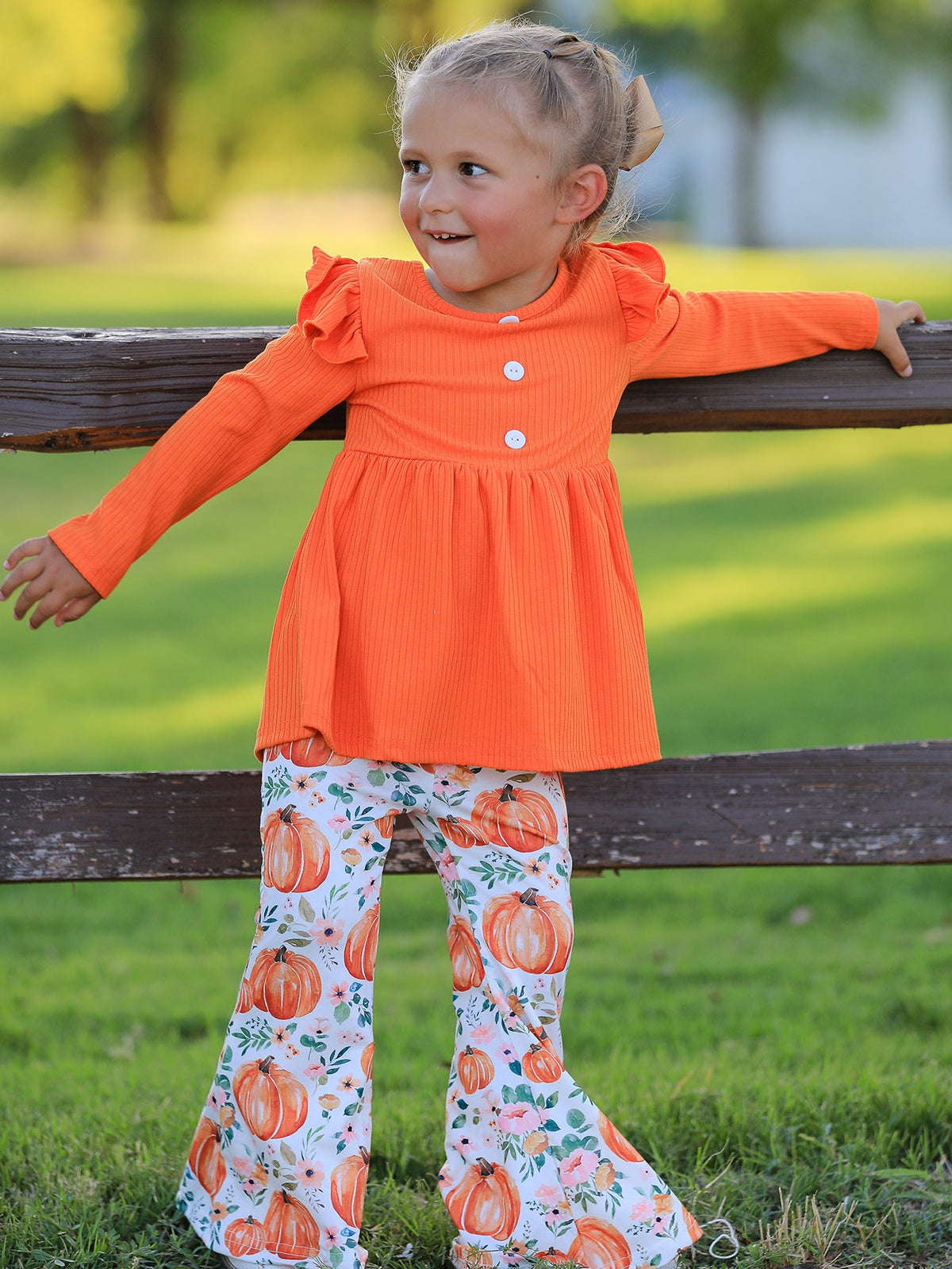Three Little Tots Girls Fall Pumpkin Print Set