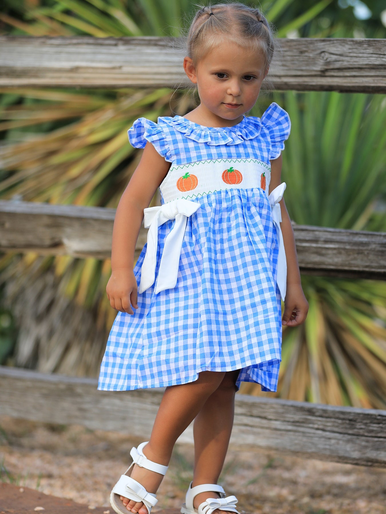Three Little Tots Fall Thanksgivingand Halloween Blue Pumpkin Smock Embroidery Baby Girl Dress, supplementary photo
