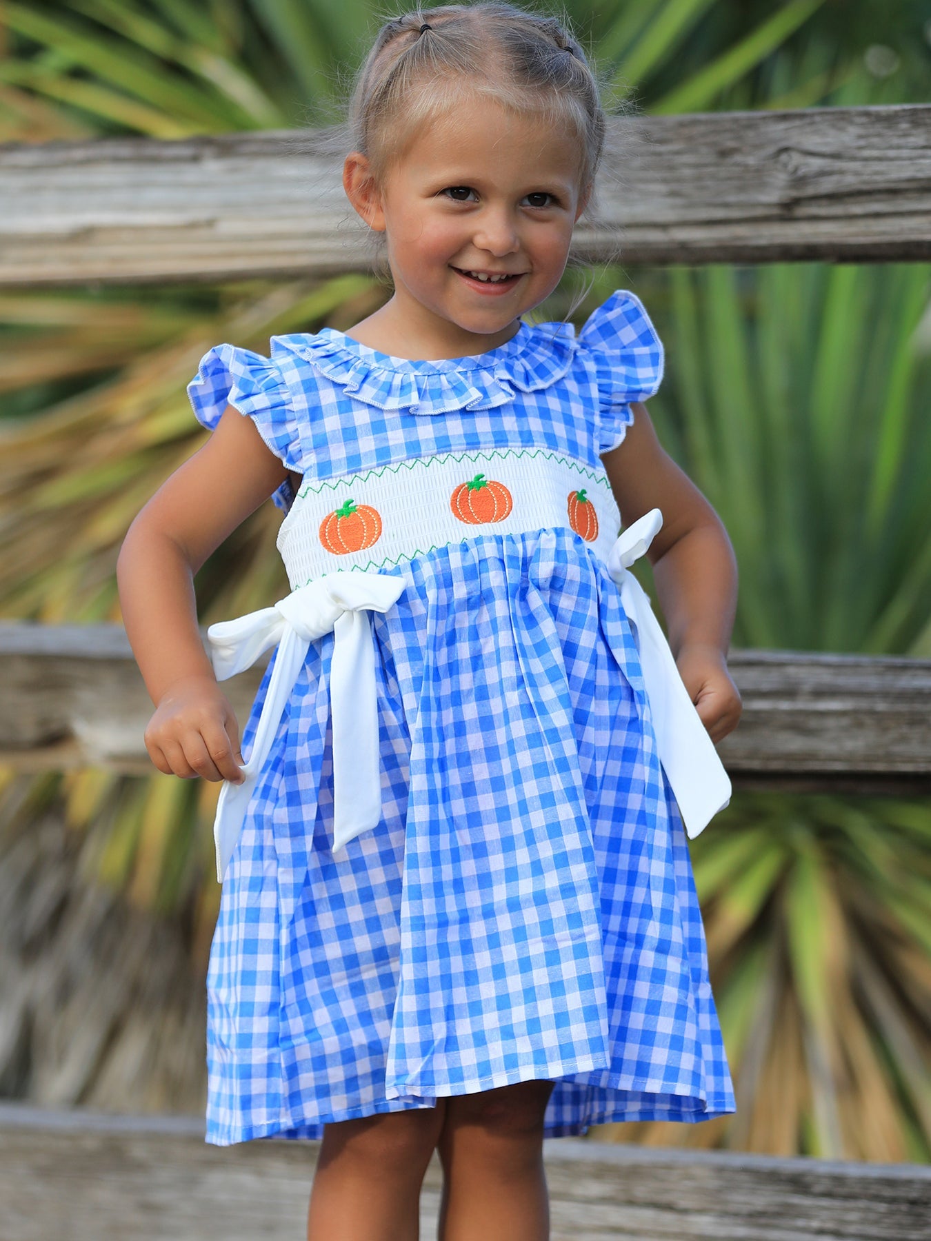 Three Little Tots Fall Thanksgivingand Halloween Blue Pumpkin Smock Embroidery Baby Girl Dress